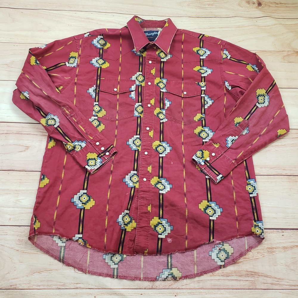 VINTAGE Wrangler Western Shirt Mens Medium Red Pearl Snap Aztec Southwestern